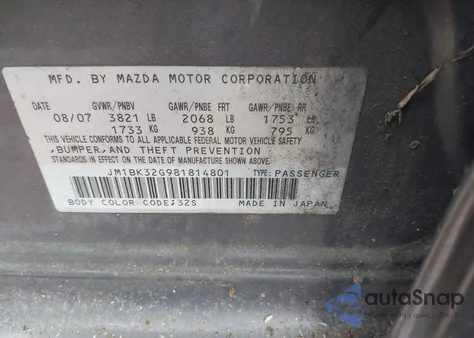 2008 Mazda Mazda3 I from USA, damaged, VIN JM1BK32G981814801